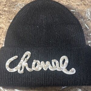 Black Knit Beanie with Pearl Embellished CC Logo One size